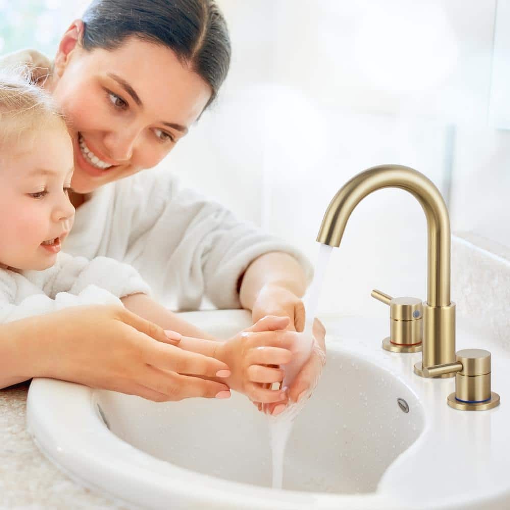 AKLFGN 8 in. Widespread 2-Handle High Arc Bathroom Faucet Drain Kit Brushed Gold