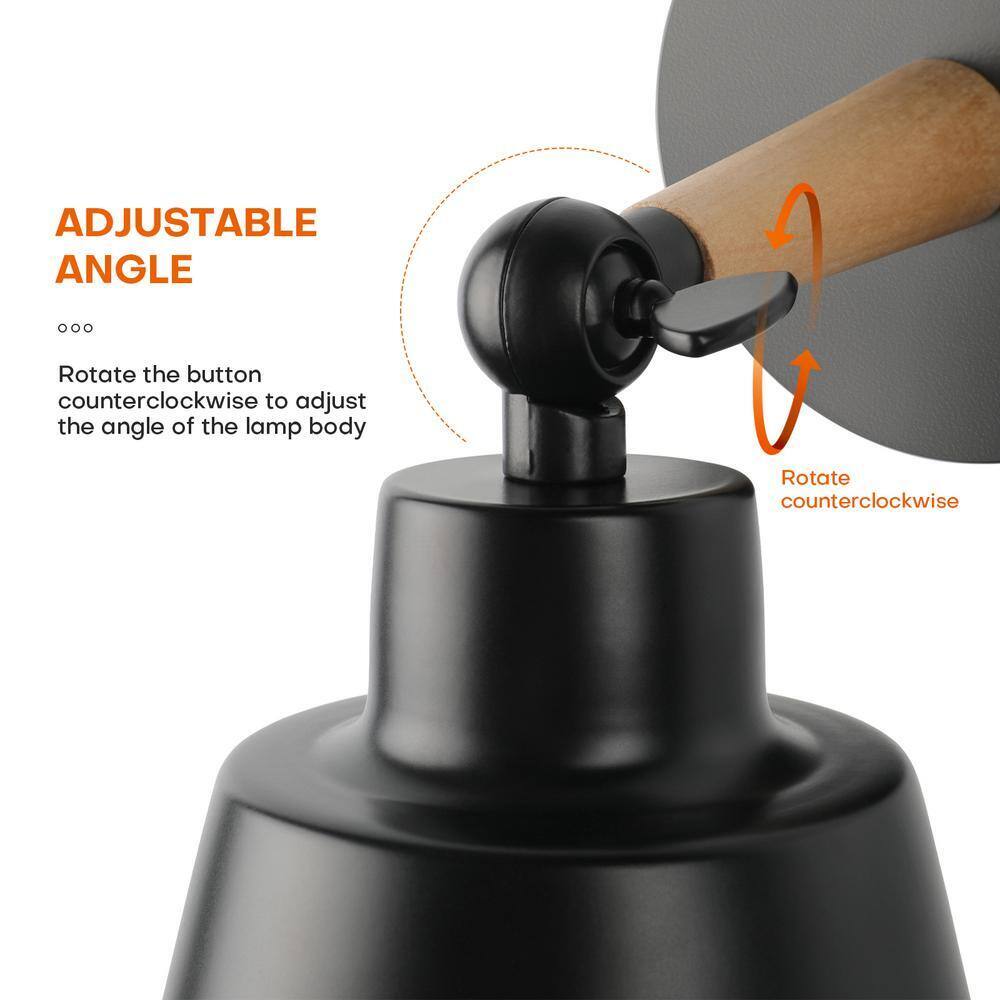 1-Light Black Wooden Handle Swing Arm Wall Lamp Hardwired Wall Sconce Adjustable