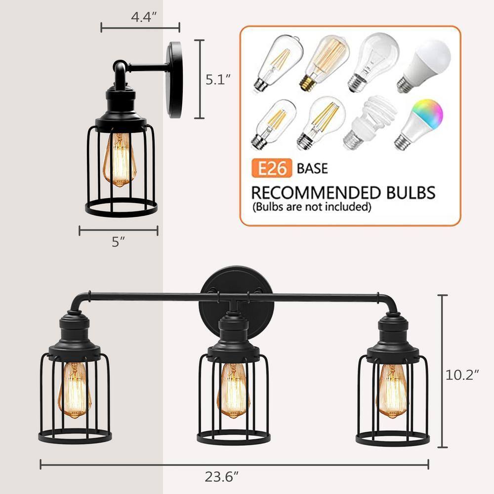24 in. 3-Light Black Industrial Vanity with Metal Cage Wall Sconce