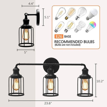 24 in. 3-Light Black Industrial Vanity with Metal Cage Wall Sconce