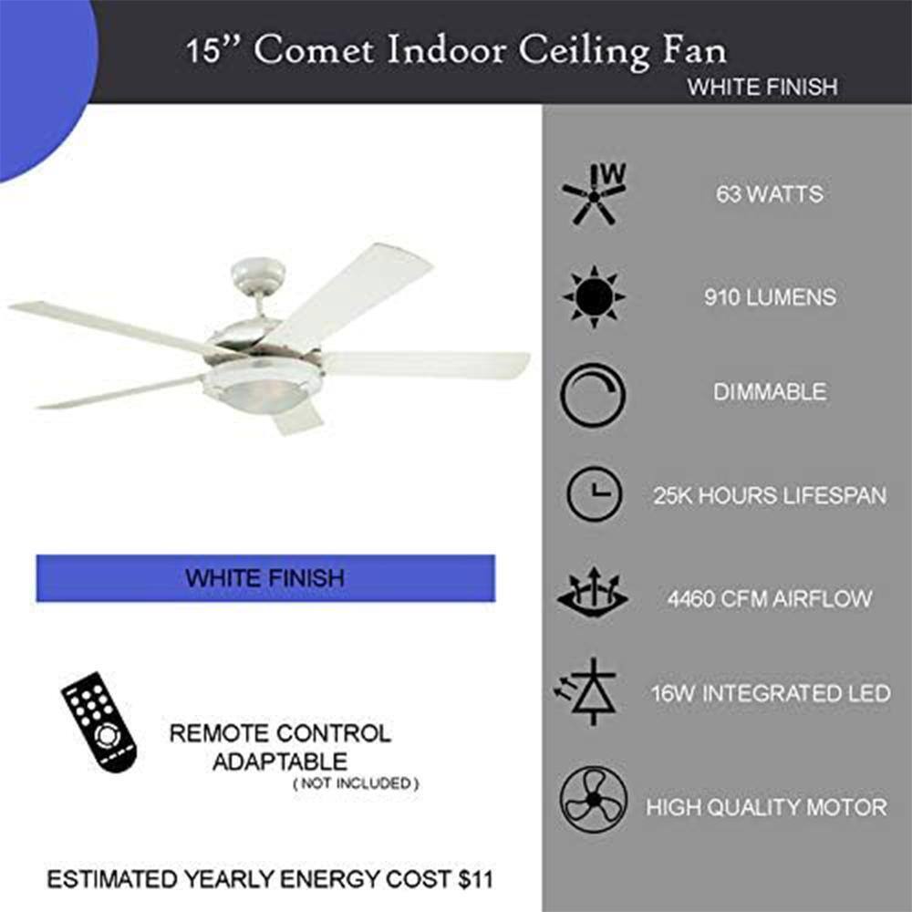 CIATA 52 in. Integrated LED Indoor Comet White Reversible Ceiling Fan with Light