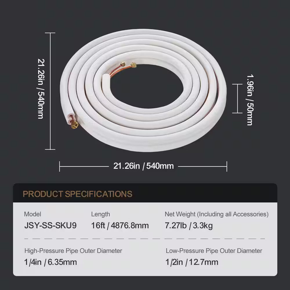 16 ft. Mini Split Line Set 1/4" and 1/2" OD Copper Pipes Tubing with Insulation