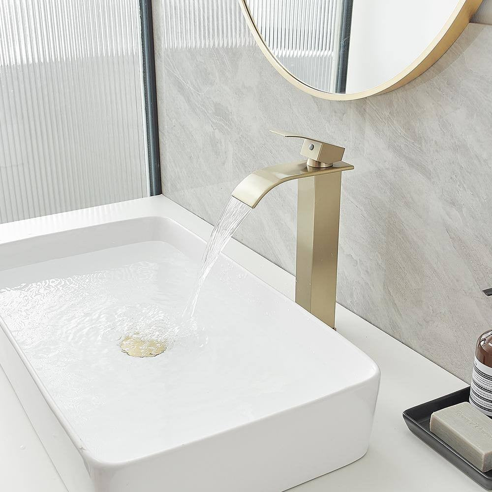BWE Waterfall Single Hole Single Handle Bathroom Vessel Sink Faucet Brushed Gold