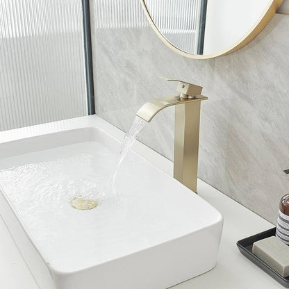 BWE Waterfall Single Hole Single Handle Bathroom Vessel Sink Faucet Brushed Gold