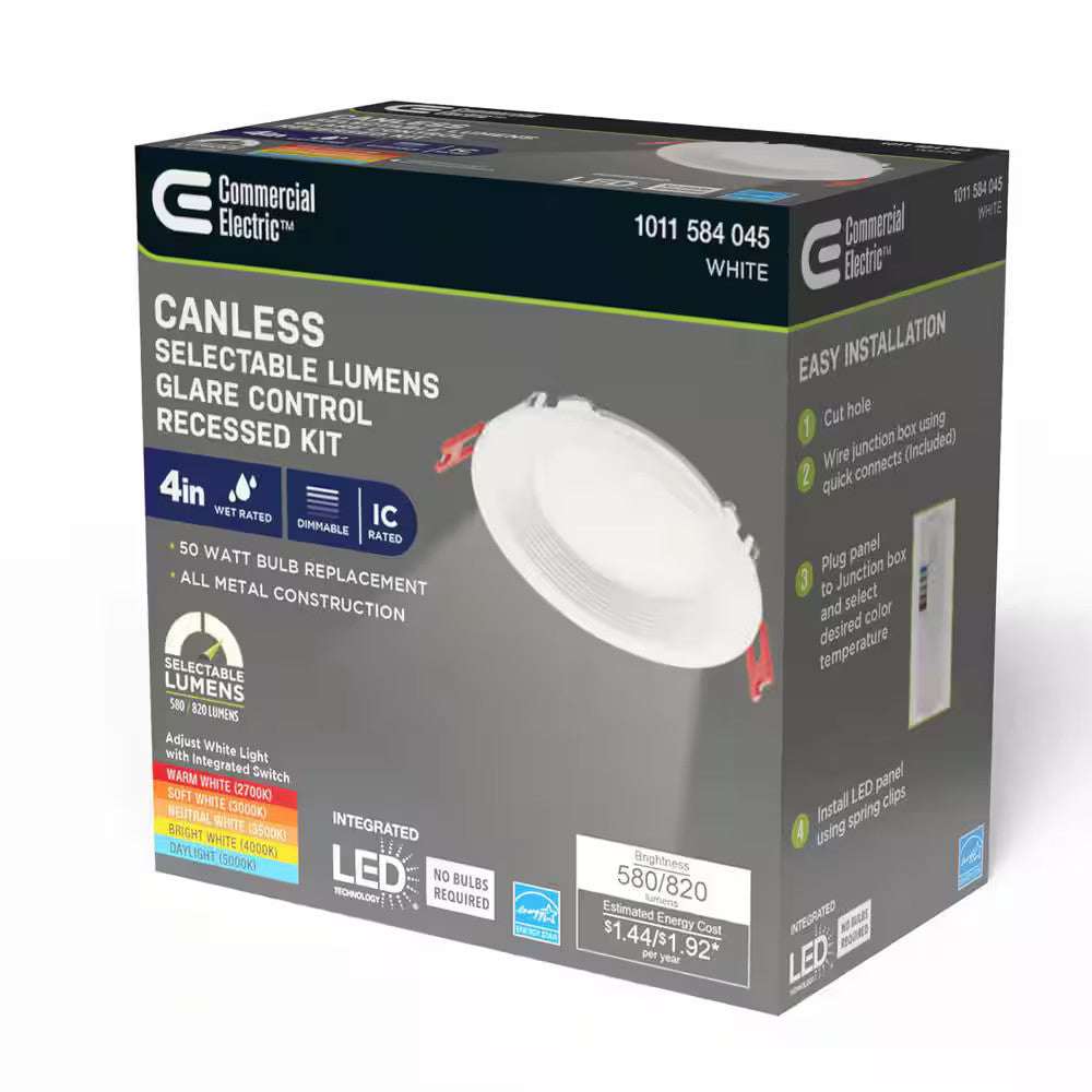 Commercial Electric Premium 4" LED Baffle Canless Recessed Adjust CCT and Lumen