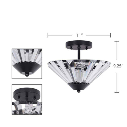 Alsy 11 in. 2-Light Matte Black Semi-Flush Mount with Clear Glass Faceted Shade