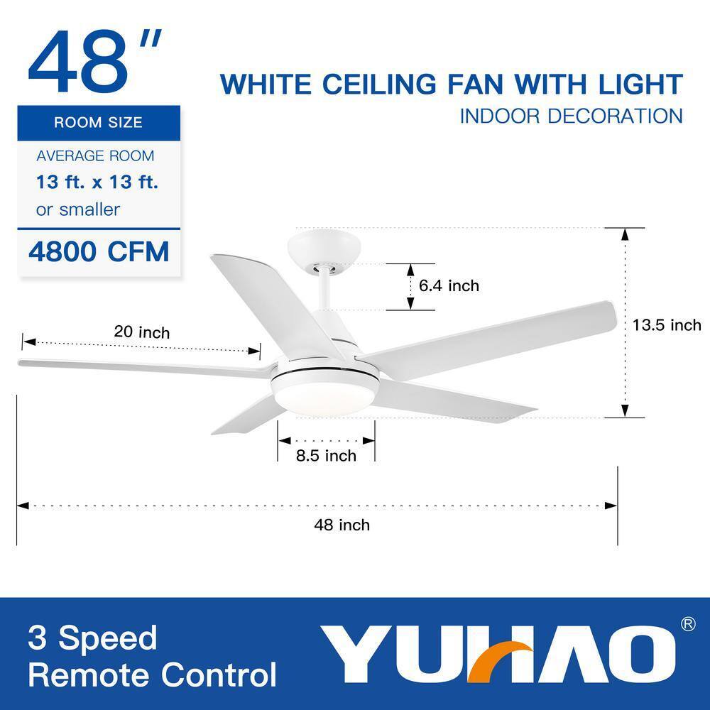 48 in. Integrated LED Light Kit Matte White Ceiling Fan with Remote Control