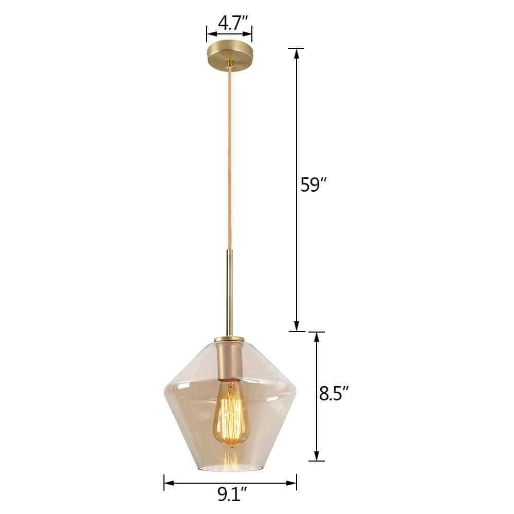 9.1 in. W x 8.5 in. H 1-Light Amber Glass Champagne Gold Pendant Light