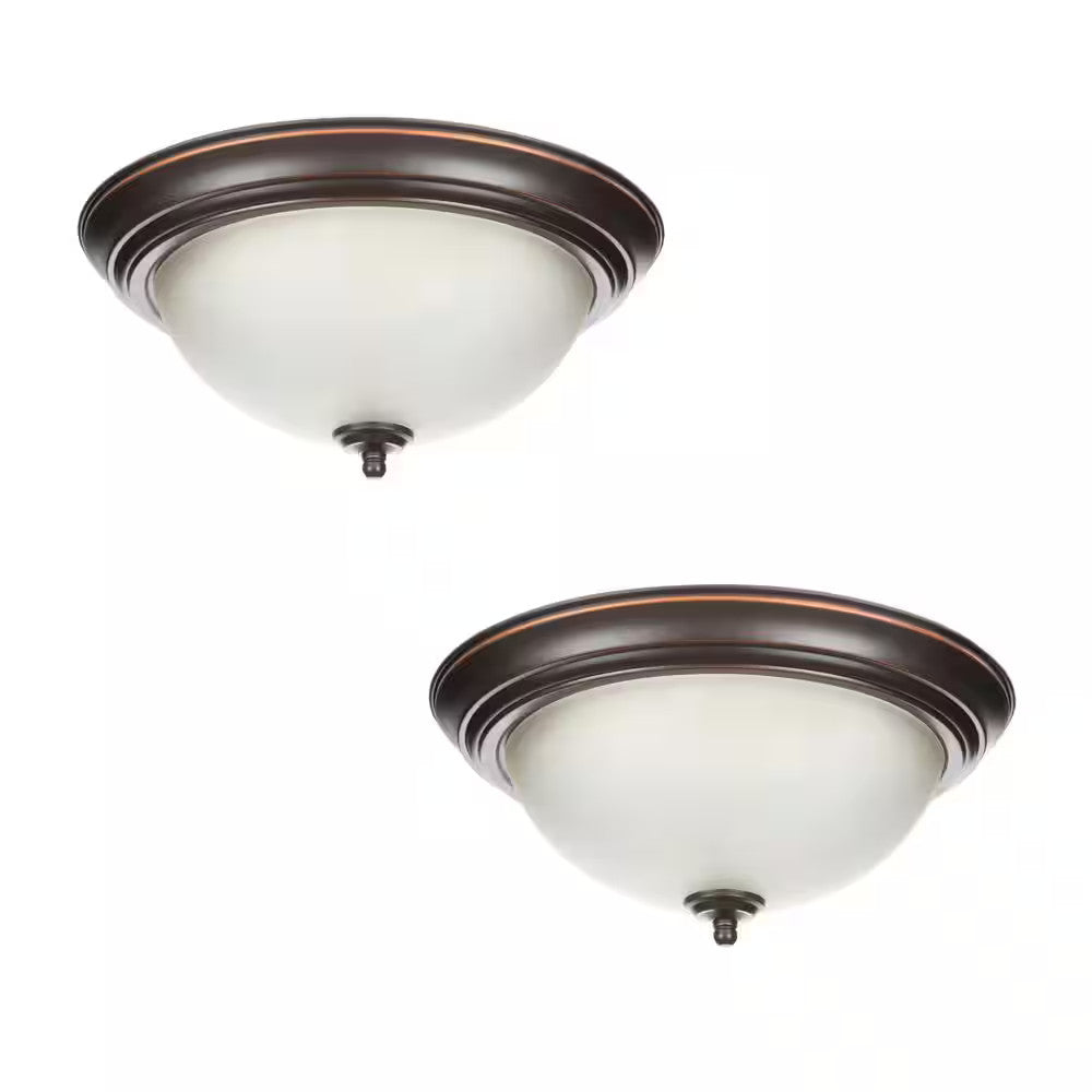 12.75 in. 2-Light Bronze Flush Mount Ceiling Light w/Tea-Stained Glass (2-Pack)
