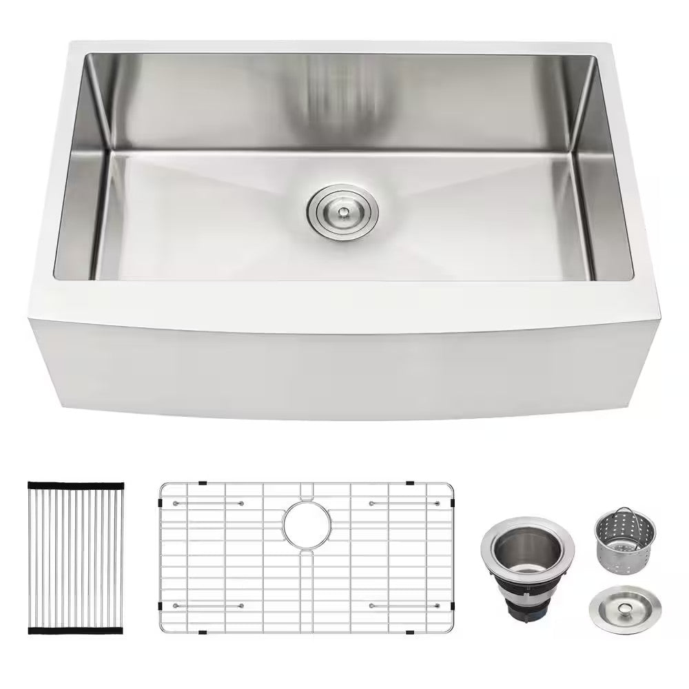 27" Single Bowl Stainless Steel Farmhouse Kitchen Sink, Bottom Grid and Strainer