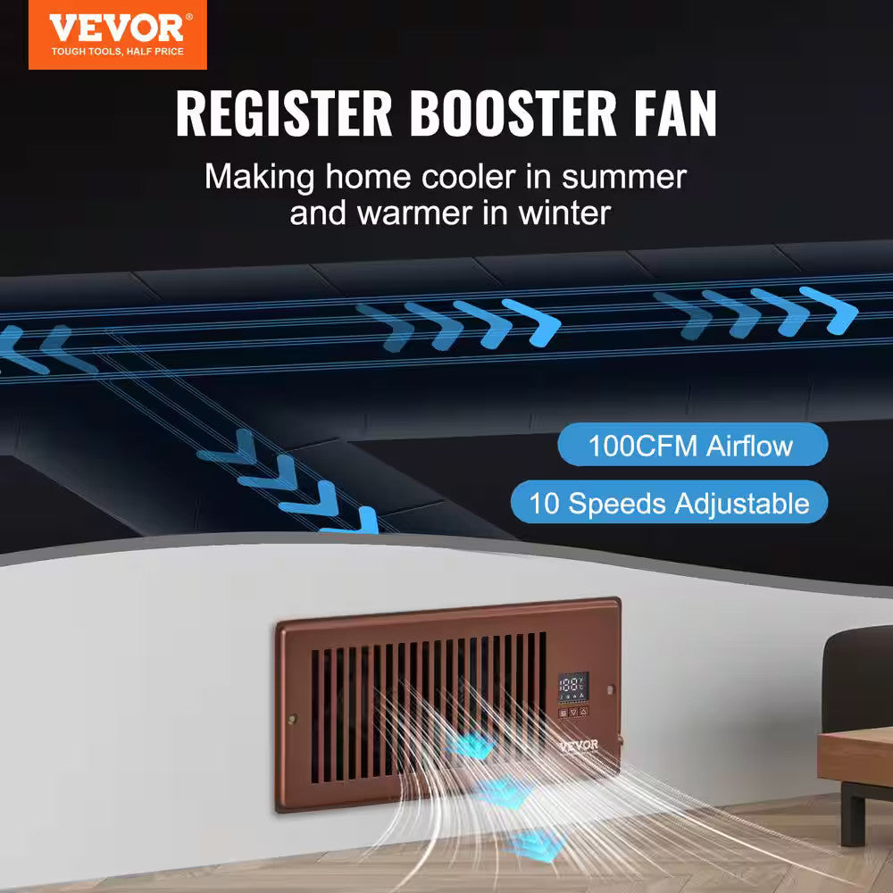 BROWN VEVOR Register Booster Fan Quiet Smart Vent Fits 4x10 in Heating Cooling