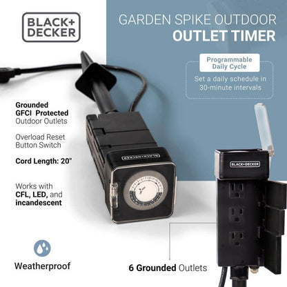 BLACK+DECKER Garden Stake 6 Grounded Outlet Tools Timer Waterproof Timer