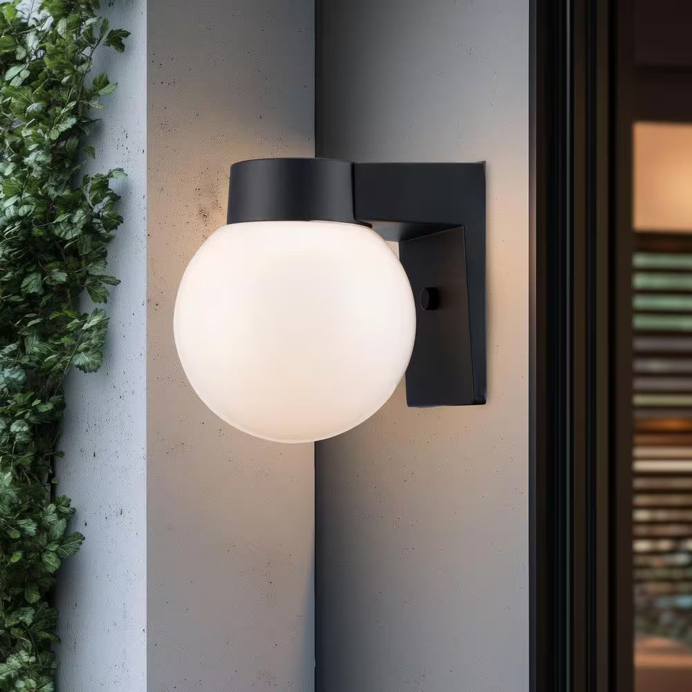 7 in. Black Outdoor Hardwired Wall Lantern Sconce with White Glass 4800 BK