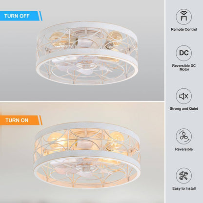 Breezary 16.5 in. White/Gold Caged Flush Mount Ceiling Fan w/ Light & Remote