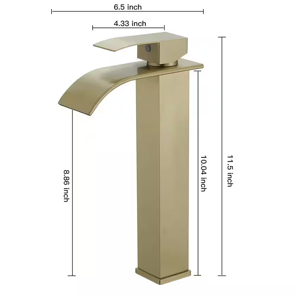 BWE Waterfall Single Hole Single Handle Bathroom Vessel Sink Faucet Brushed Gold