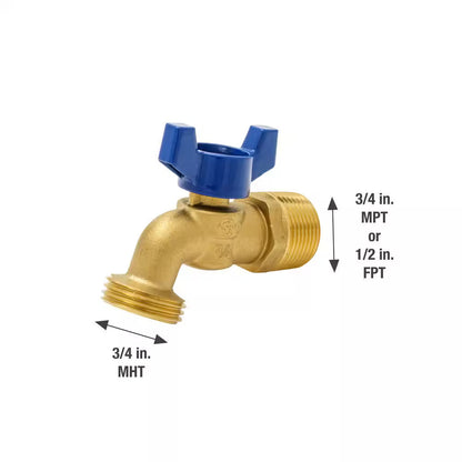 3/4" MIP or 1/2" FIP x 3/4 in. MHT Forged Brass Quarter Turn Hose Bibb Valve
