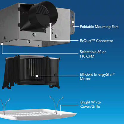 Broan NuTone 80-110 Selectable CFM, Room Side Installation, Bathroom Exhaust Fan