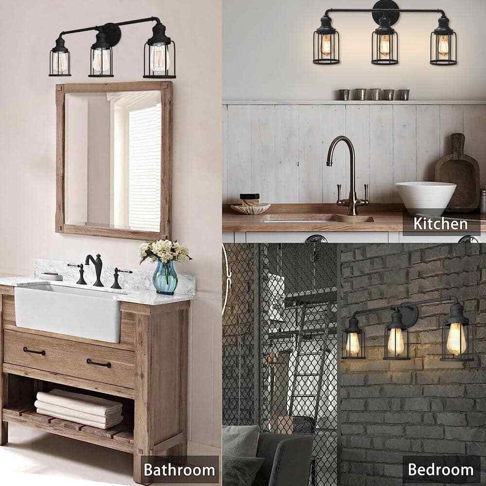 24 in. 3-Light Black Industrial Vanity with Metal Cage Wall Sconce
