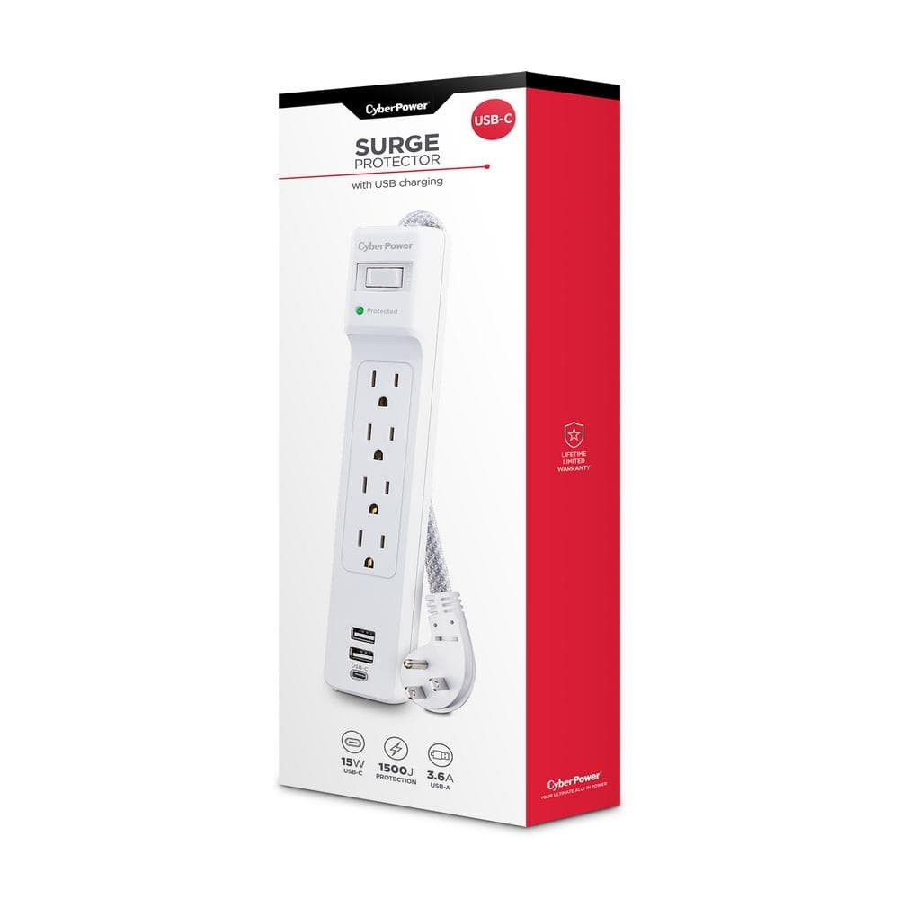 CyberPower 5 ft. 2 USB-A 1 USB-C 1500J 4-Outlet Surge Protector