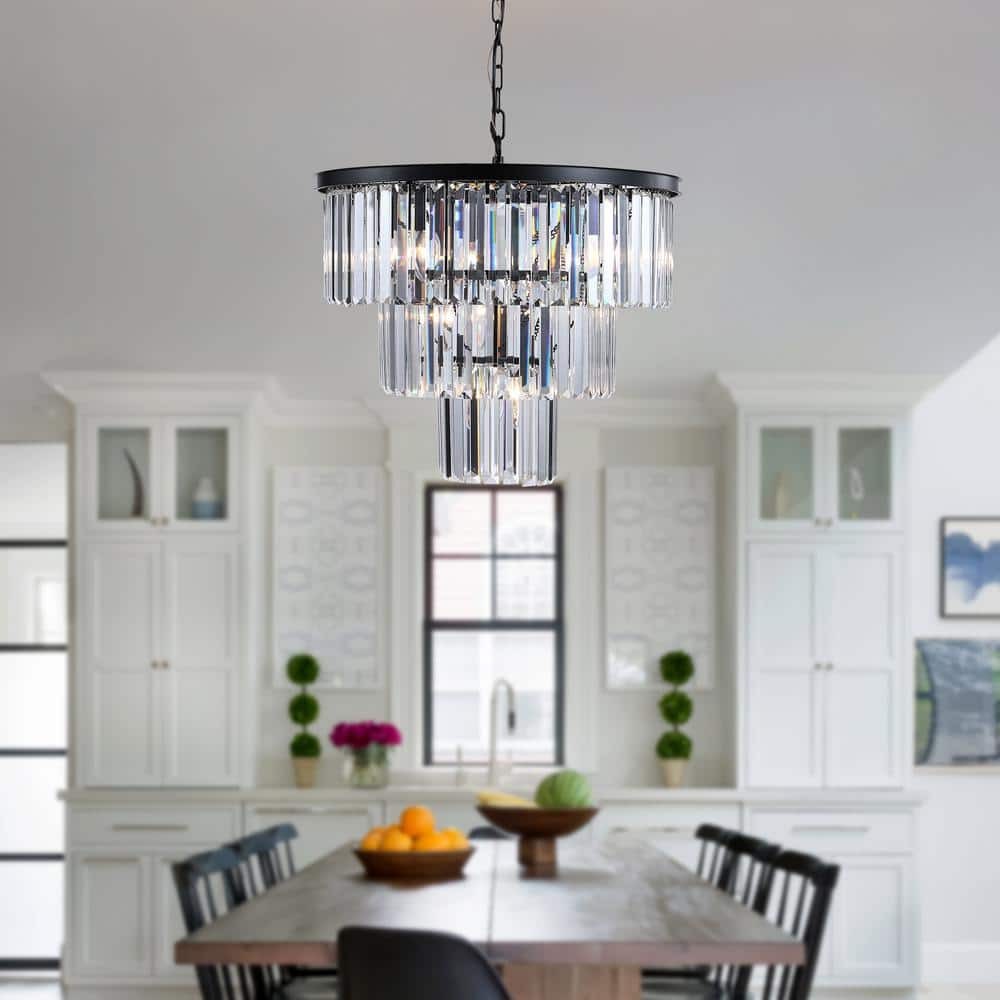 19.7 Black 3-Tier Chandelier Light Fixture Crystal Hanging Light for Living Room