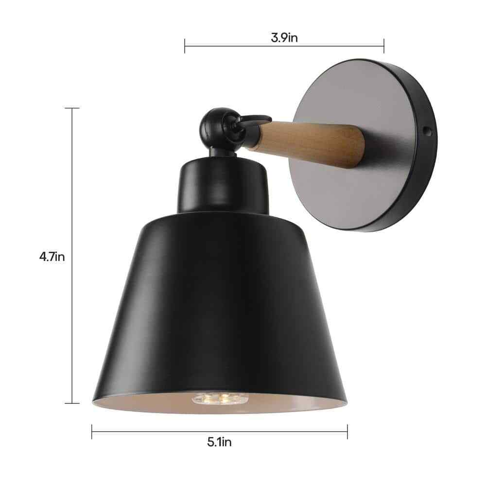 1-Light Black Wooden Handle Swing Arm Wall Lamp Hardwired Wall Sconce Adjustable