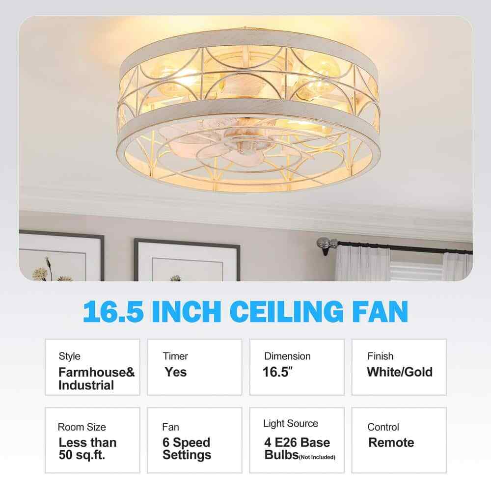 Breezary 16.5 in. White/Gold Caged Flush Mount Ceiling Fan w/ Light & Remote