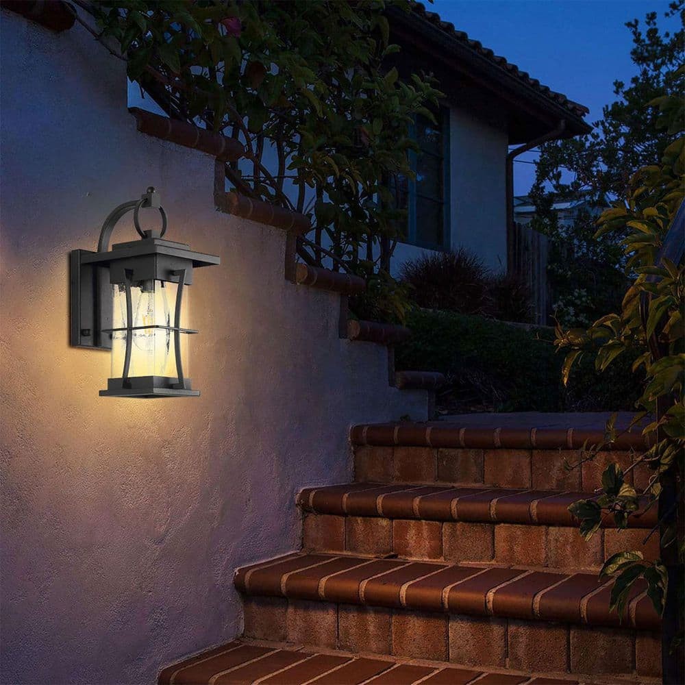 1-Light Black Waterproof Outdoor/Indoor Wall Sconce Glass Shade for Yards Garden