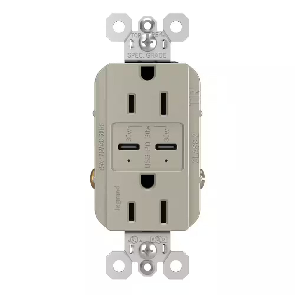 15A 125V Tamper-Resistant Duplex Outlet w/ 6A PLUS 30W  USB C/C Nickel