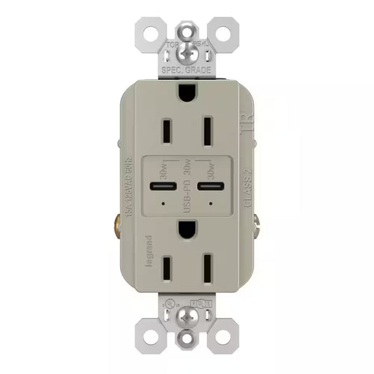15A 125V Tamper-Resistant Duplex Outlet w/ 6A PLUS 30W  USB C/C Nickel