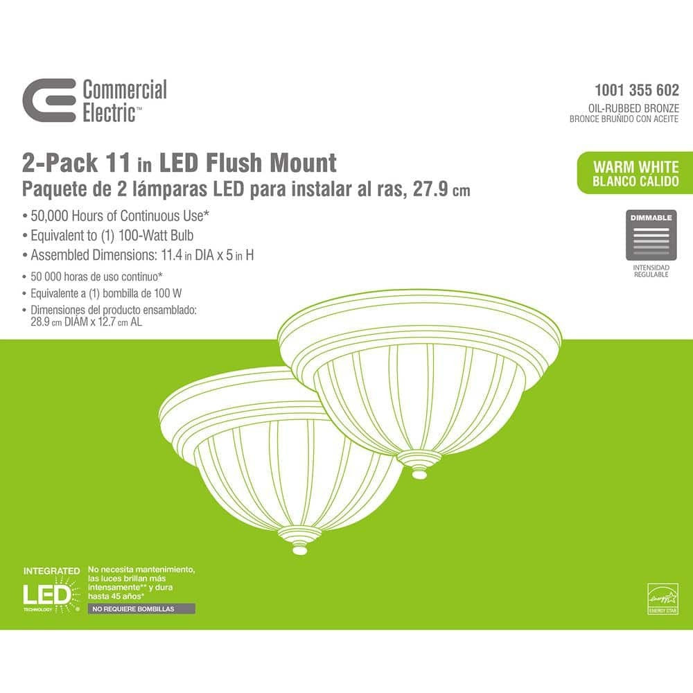 Commercial Electric 11 in. Oil-Rubbed Bronze Integr LED Flush, Frosted, 2-Pack