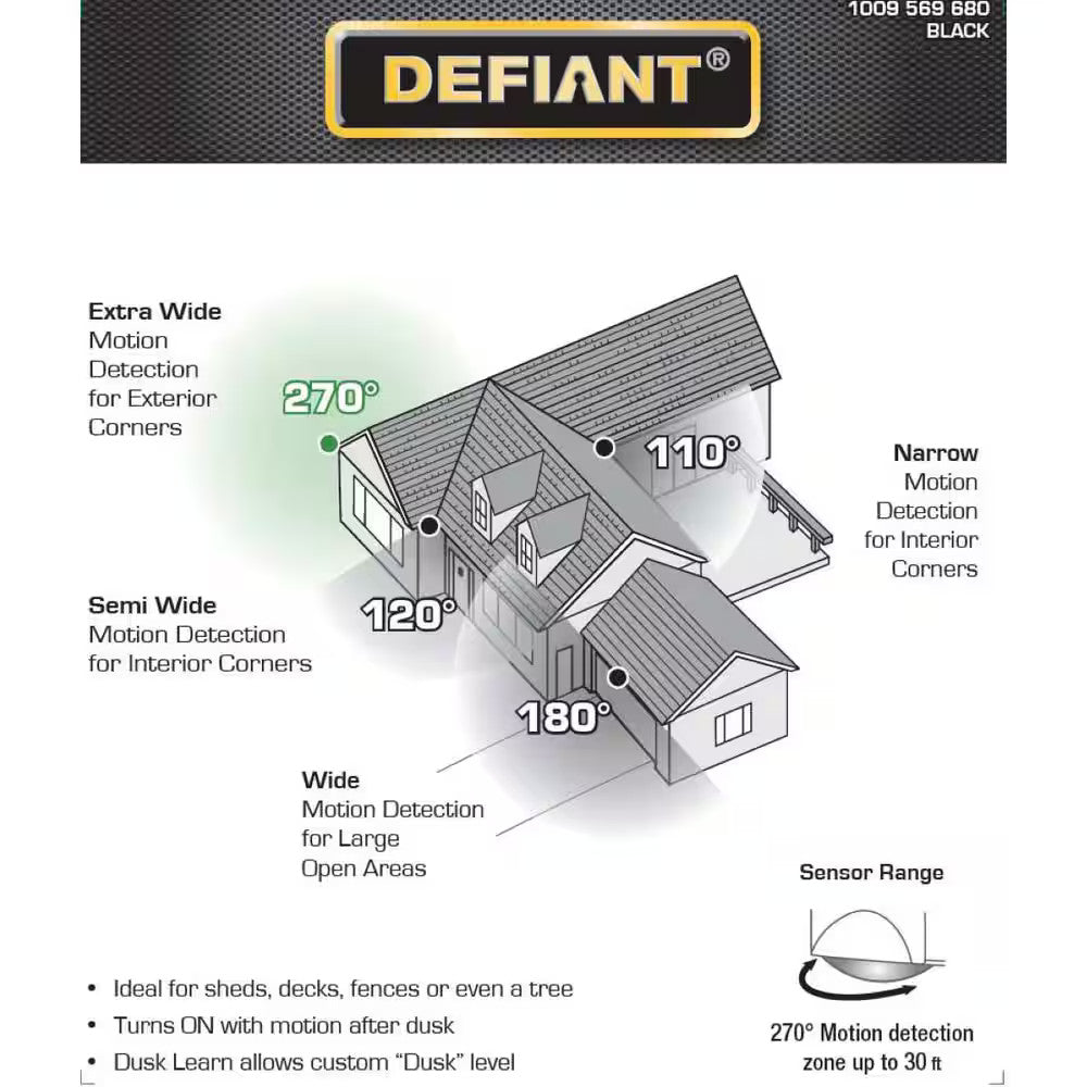 Defiant 270° Black Motion Sensor Battery Powered Outdoor 3-Head Flood Light