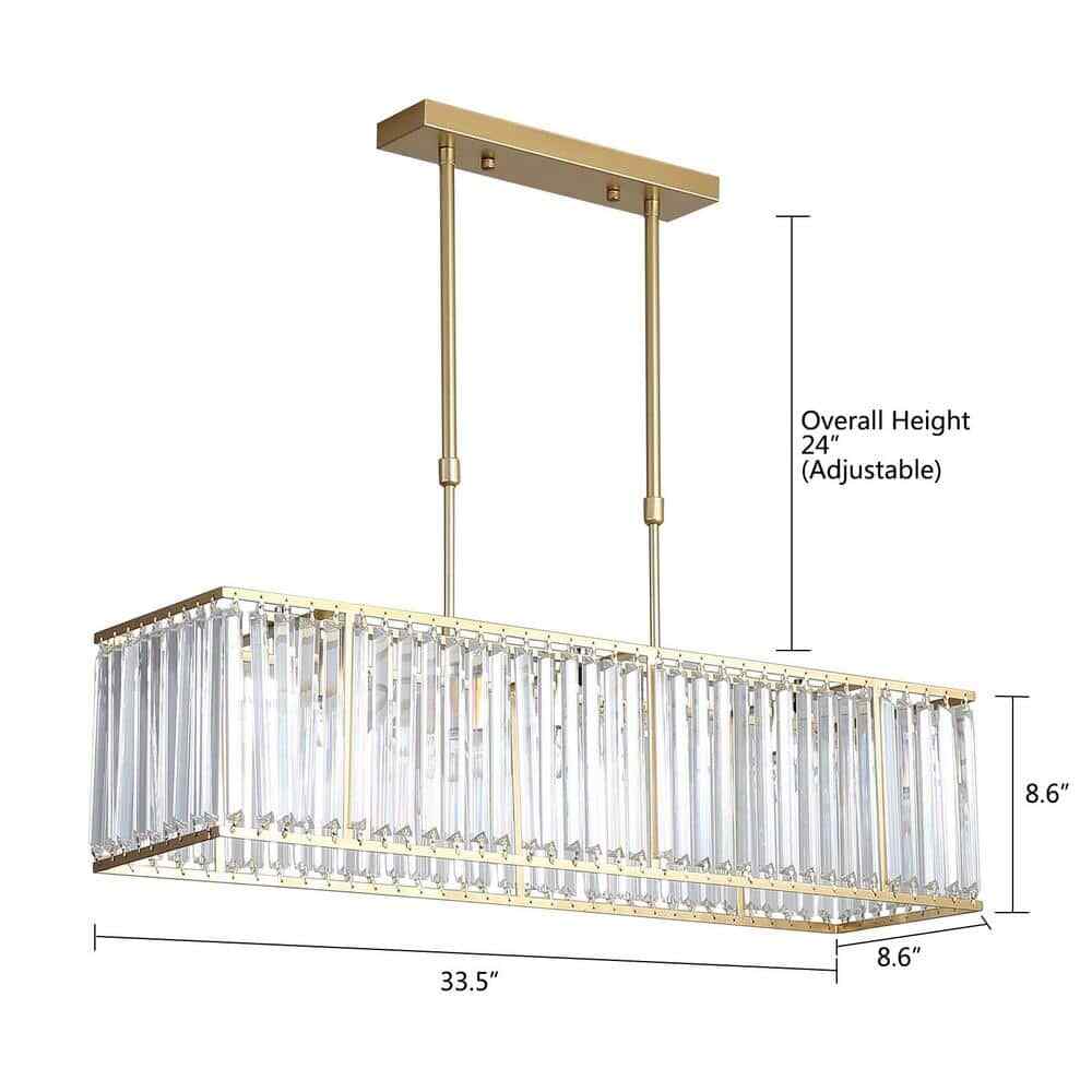 33.5 in. 4-Light Modern Gold Rectangular Chandelier w/ Transparent Crystal Shade