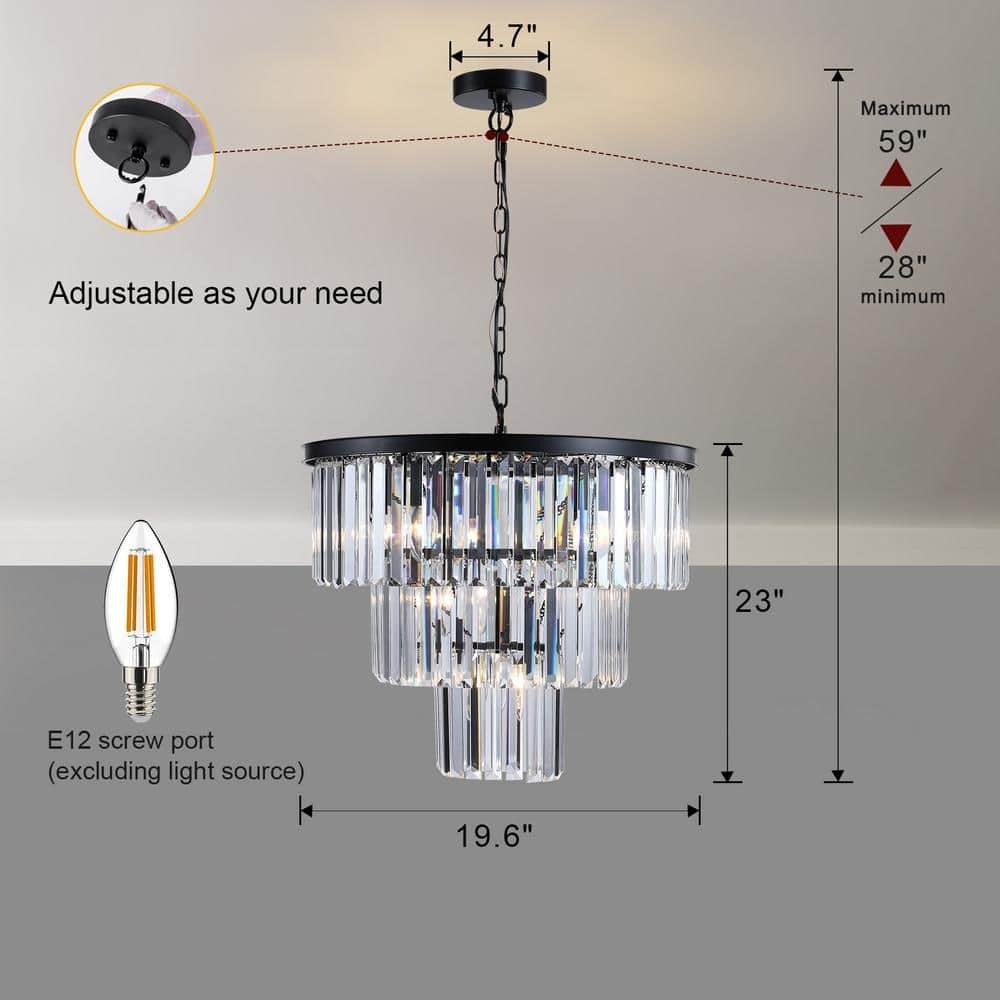 19.7 Black 3-Tier Chandelier Light Fixture Crystal Hanging Light for Living Room