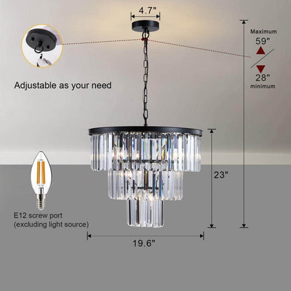 19.7 Black 3-Tier Chandelier Light Fixture Crystal Hanging Light for Living Room