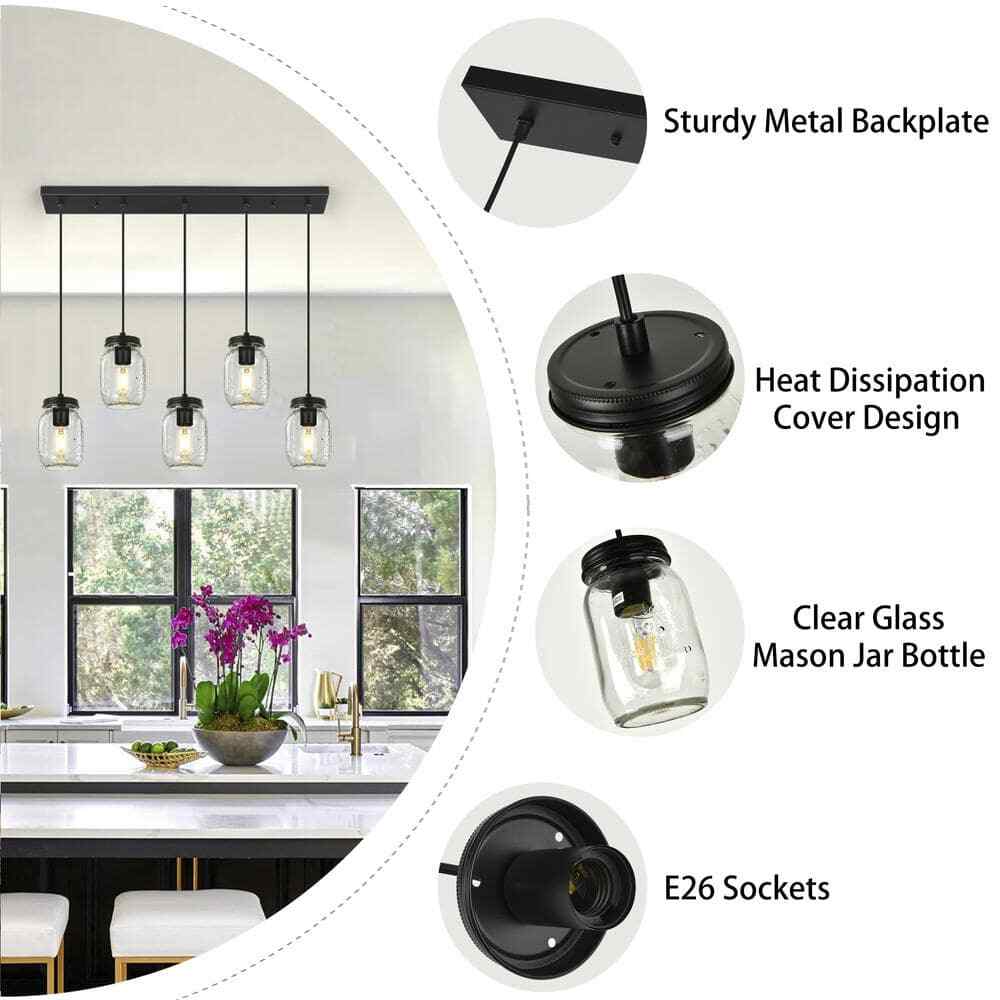 5-Light Matte Black Farmhouse Mason Jar Linear Hanging Kitchen Island Light
