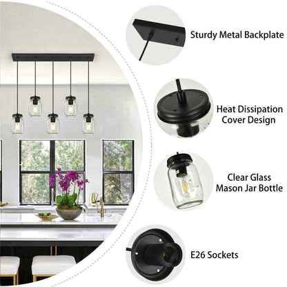 5-Light Matte Black Farmhouse Mason Jar Linear Hanging Kitchen Island Light
