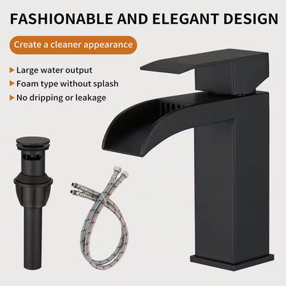 BWE Waterfall Single Handle Single Hole Bathroom Faucet Pop up Drain Matte Black