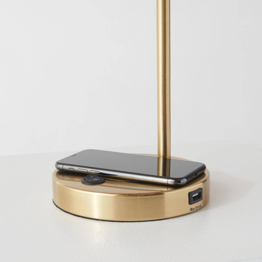 Brightech Table Lamp Glass Shade Fixture Metal in Brass w/ Built-In USB Port