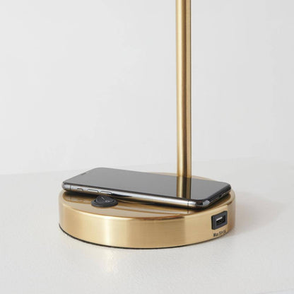 Brightech Table Lamp Glass Shade Fixture Metal in Brass w/ Built-In USB Port
