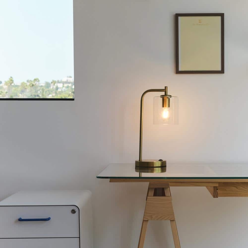 Brightech Table Lamp Glass Shade Fixture Metal in Brass w/ Built-In USB Port