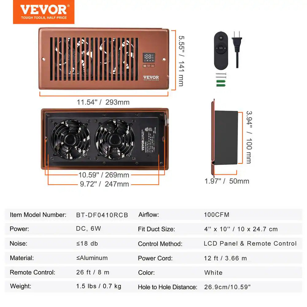 BROWN VEVOR Register Booster Fan Quiet Smart Vent Fits 4x10 in Heating Cooling