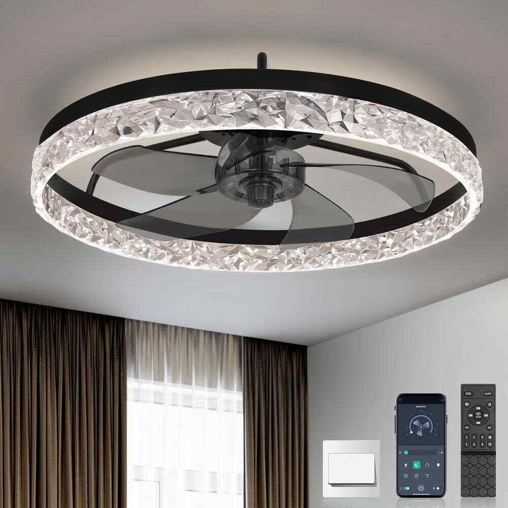 Ariskeen 20 in Black Crystal Ceiling w/ with Light & Remote Flush Mount Dimmable