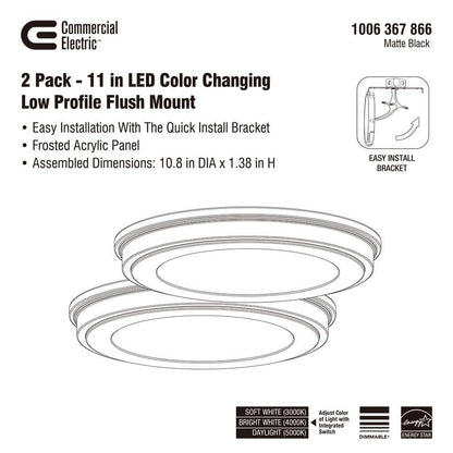 Commercial Electric 11" Matte Black 3-CCT LED Flush Mount Ceiling Light 2-Pack