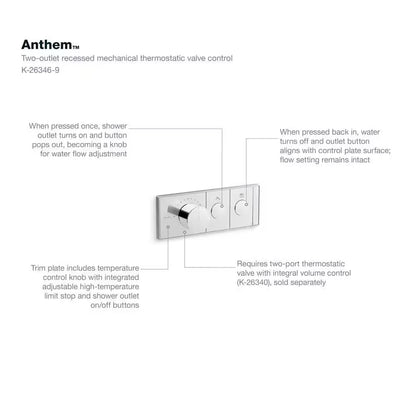 Anthem 2-Outlet Thermostatic Valve Control Panel Recessed Push Buttons in Chrome