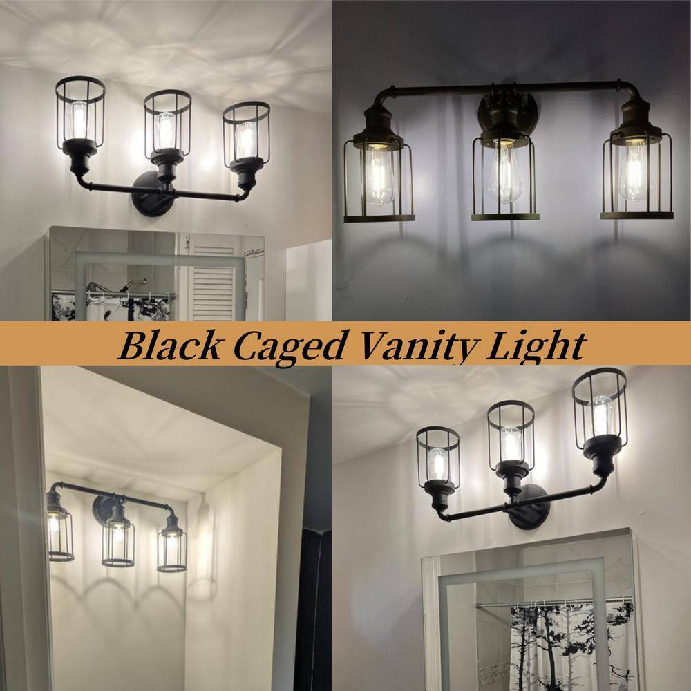 24 in. 3-Light Black Industrial Vanity with Metal Cage Wall Sconce