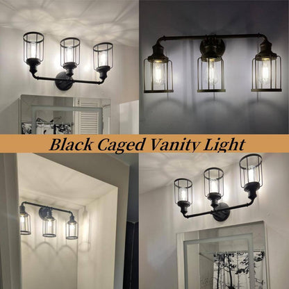 24 in. 3-Light Black Industrial Vanity with Metal Cage Wall Sconce
