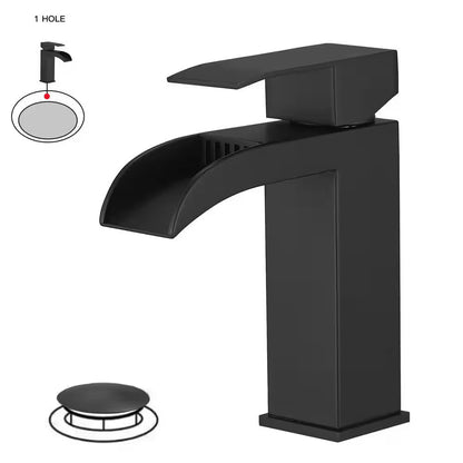 BWE Waterfall Single Handle Single Hole Bathroom Faucet Pop up Drain Matte Black