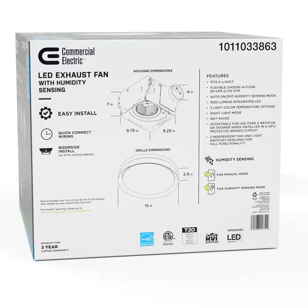 80/110 CFM Ceiling Mount Room Side Installation Round Bathroom Exhaust Fan w/LED
