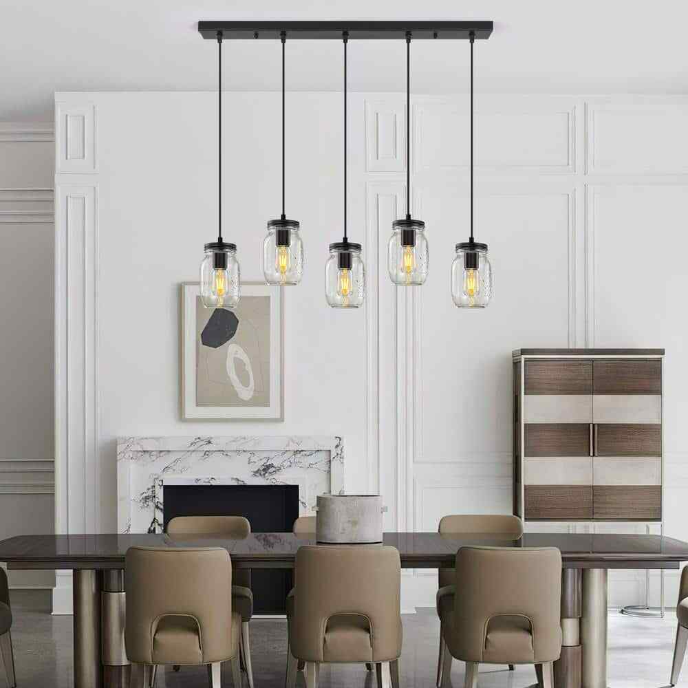 5-Light Matte Black Farmhouse Mason Jar Linear Hanging Kitchen Island Light