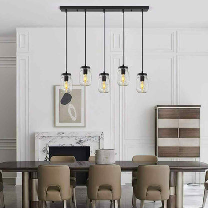 5-Light Matte Black Farmhouse Mason Jar Linear Hanging Kitchen Island Light